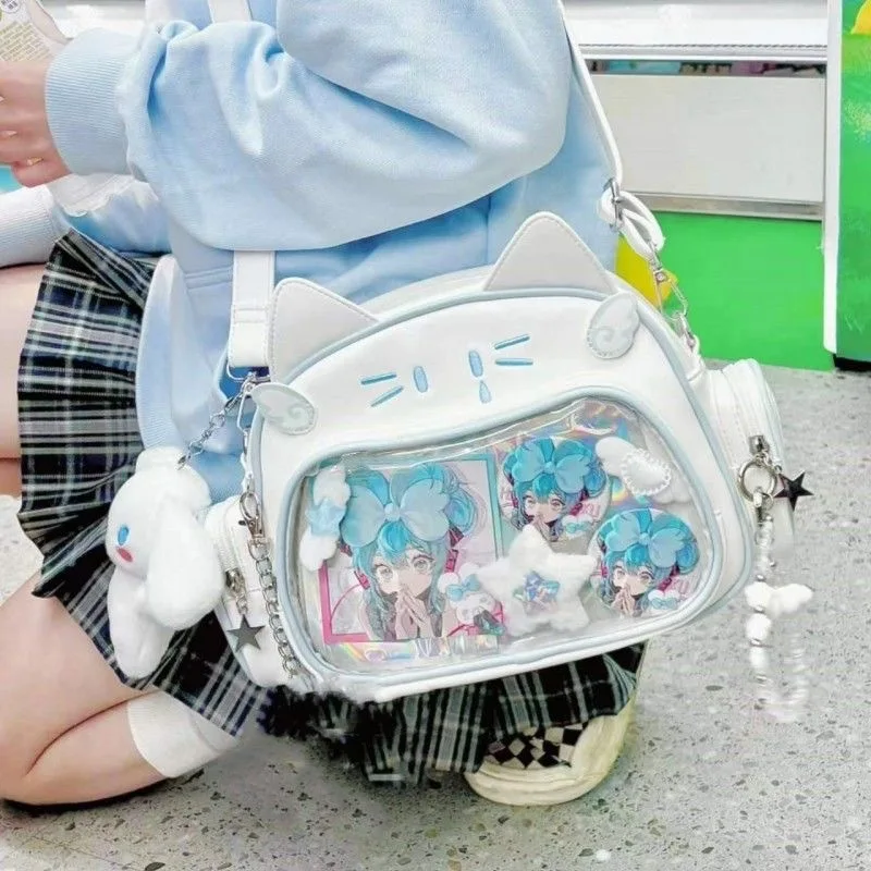 Y2K Korean Cute Cat Ita Bag Japan Kawaii PU Crossbody Bag Girls Transparent Pocket Harajuku Shoulder Bag Silver Fashion Backpack
