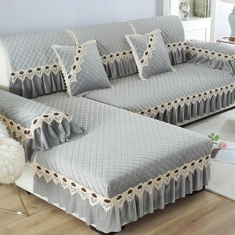 

Плюшевый чехол для дивана в европейском стиле, современный нескользящий чехол для дивана, чехол для гостиной, Кружевной декор, L-образная подушка для дивана