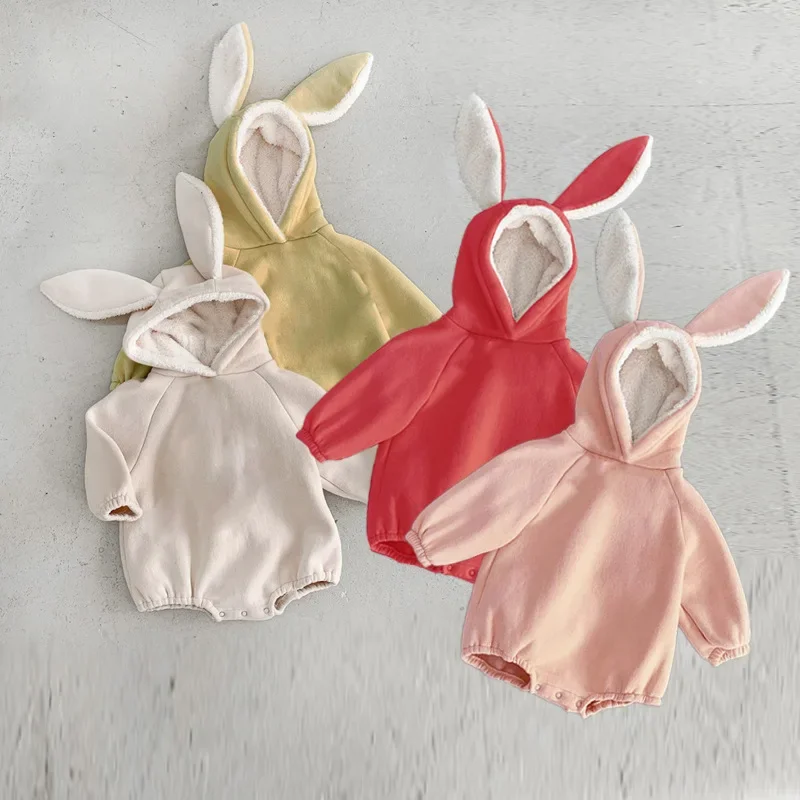 Adorable Rabbit Ear Fleece Lined Baby Romper Hooded Unisex Winter Clothes Bottom Covering Crawling Suit for Boys And Girls