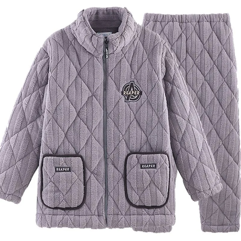 2024 New Pajamas Men's Winter Warmth Young Man Sleepwear Thick Piled Three Layers Cotton Flannel Homewear Zipper Loungewear