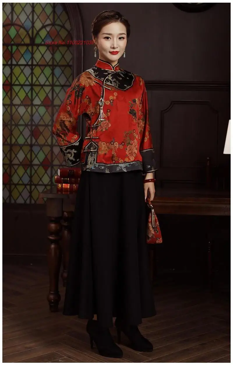 chinese improved satin qipao blouse female ethnic shirt oriental flower print cheongsam tops tang suit retro blouse
