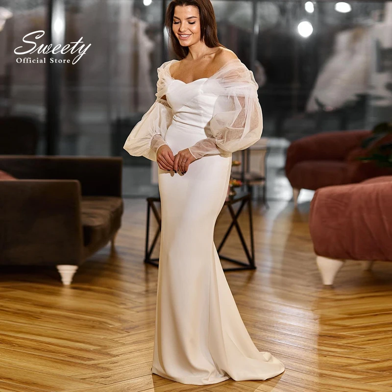 

Simplicity Wedding Dress Sheath Mermaid Silky Organza With Satin Ball Gown Square Collar Fullsleeve Bridal Gown Vestido De Novia