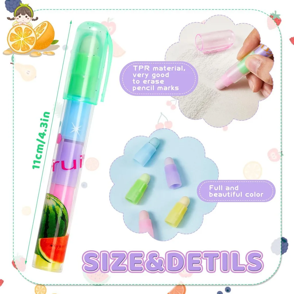 Pencil Eraser 1PCS Creative Fruit Multi Color Replacement Head Eraser 5-Section Bullet Head Pen Type Detachable