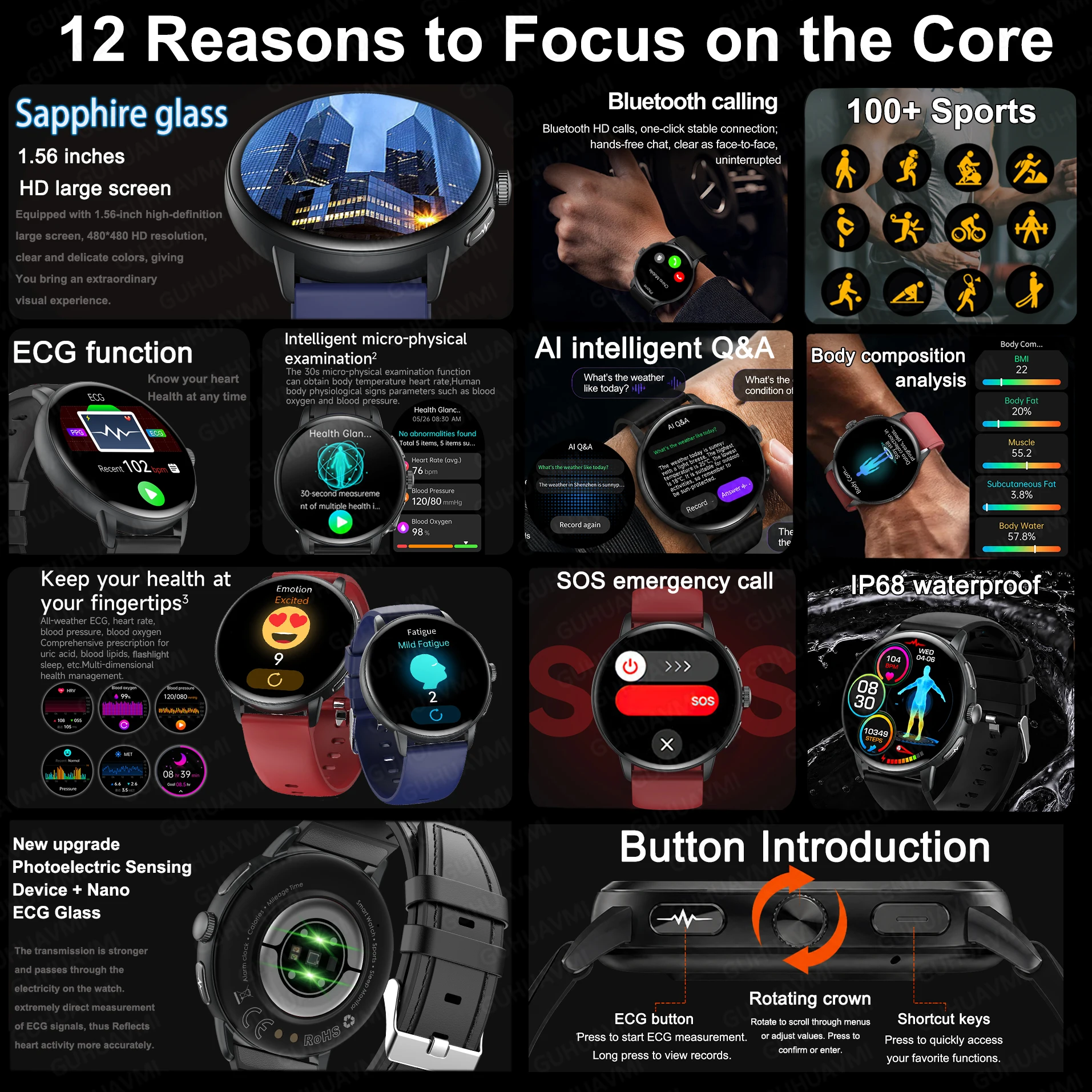 Nuovo Smartwatch 2026 con Diagnosi AI Accurata, Misurazione di Grasso Corporeo, Acido Urico, Pressione Sanguigna, ECG, Schermo AMOLED HD, Chiamate, Funzioni Sportive e Salute per Uomini e Donne - immagine 2