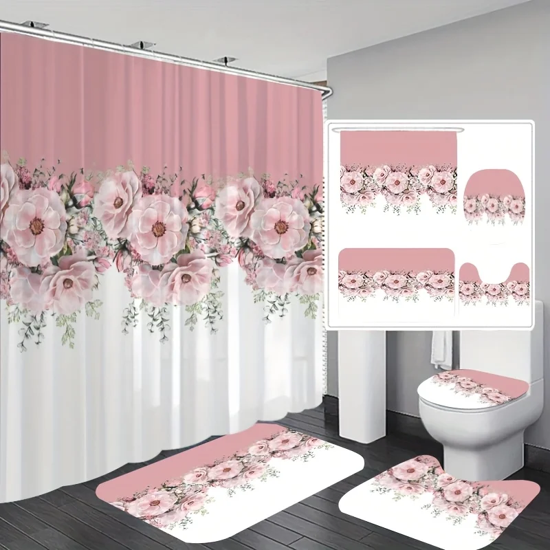 4피스 핑크 꽃 프레임 샤워 커튼 세트, 욕실 세트에는 샤워 커튼, 미끄럼 방지..
