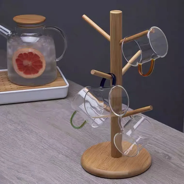 Description Picture 3 of item1pc Tree Shape Wood Coffee Tea Cup Storage Holder Stand Mug Hanging Display Rack Drinkware Shelf 6 Hooks Home Kitchen Storage