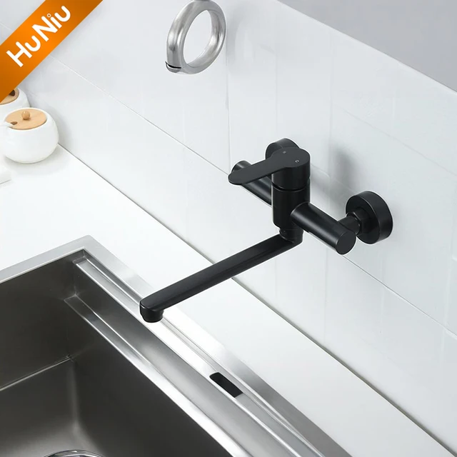 HuNiu Gold ก๊อกน้ําห้องครัวสแตนเลส 304 ก๊อกน้ําติดผนังห้องน้ําก๊อกน้ําหมุนก๊อกน้ําห้องครัวปกปิดก๊อกน้ําสีดํา 4