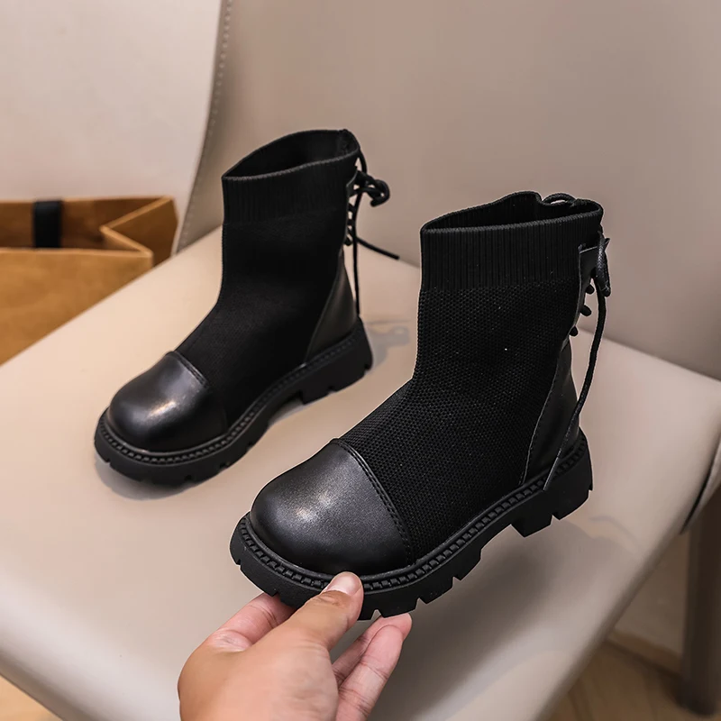 Black Leather Kids Platform Boots for School