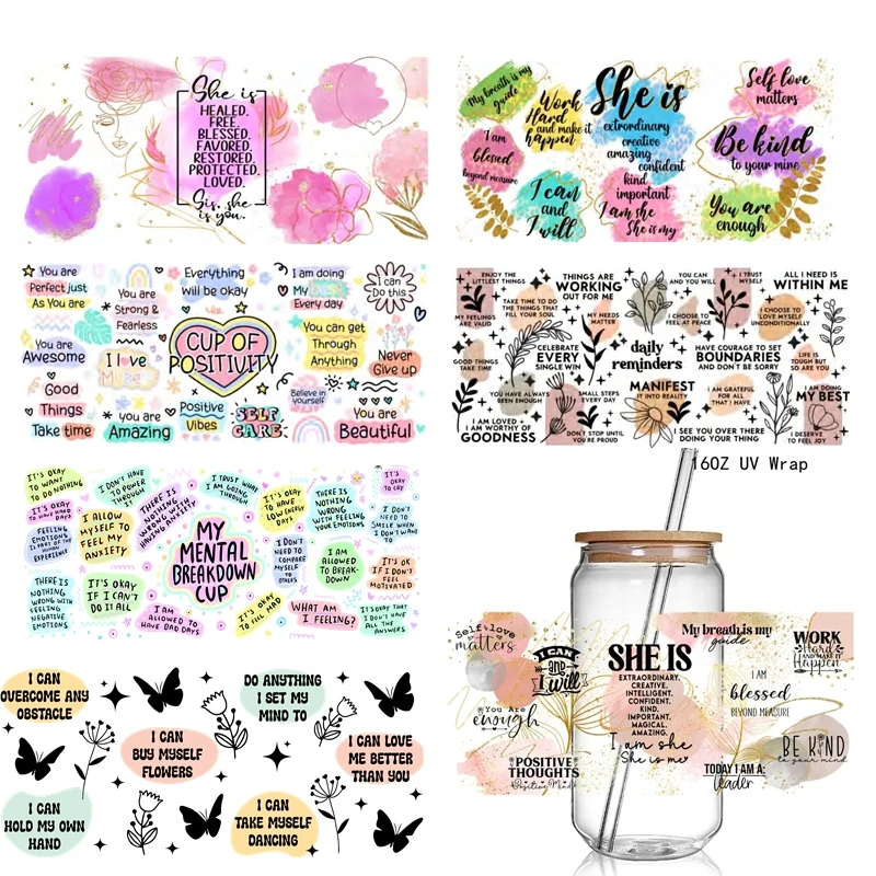 Mental Health Matters 16OZ UV DTF Cup Wrap Transfers Stickers Self Care Affirmation Quotes UV CUp Wraps For Libbey Glass Can