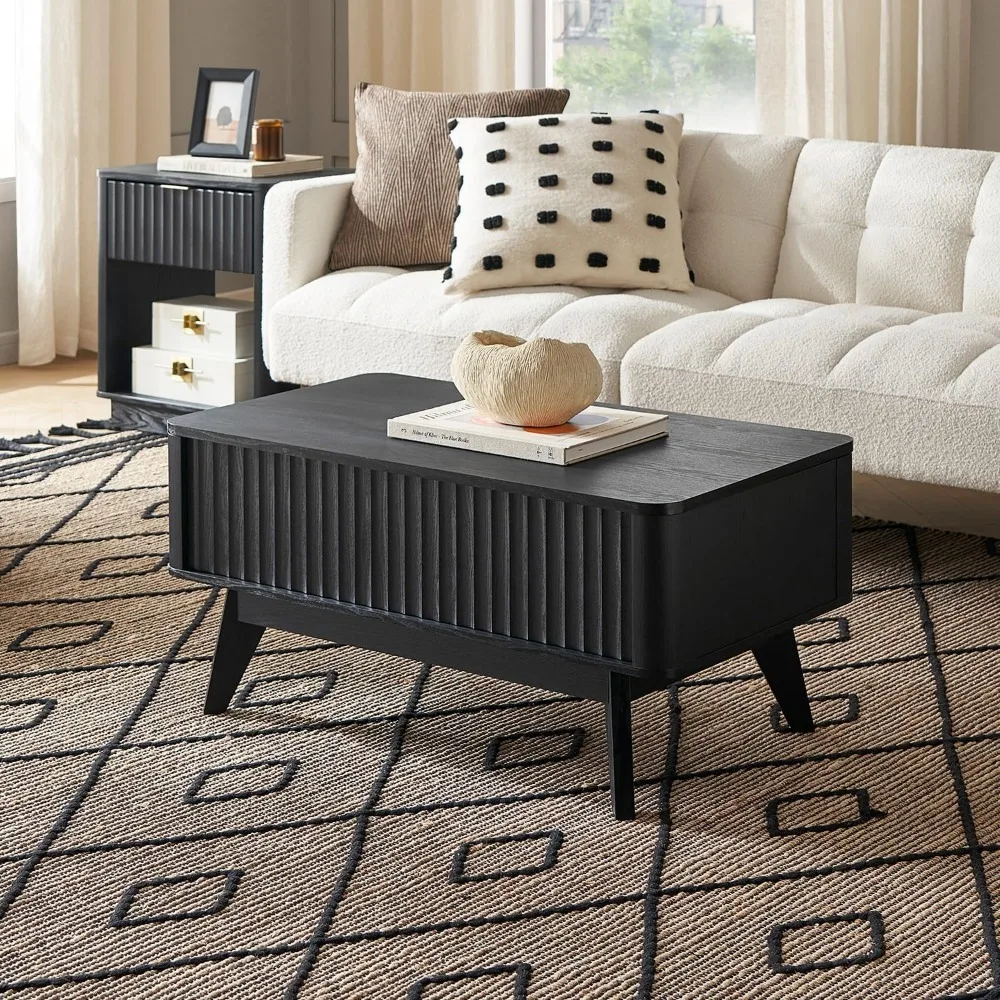 Brooklyn Lift Top Coffee Table for Living Room, Mid Century, Modern Farmhouse with Lifting Tabletop & Hidden Storage, Fluted Pa 3
