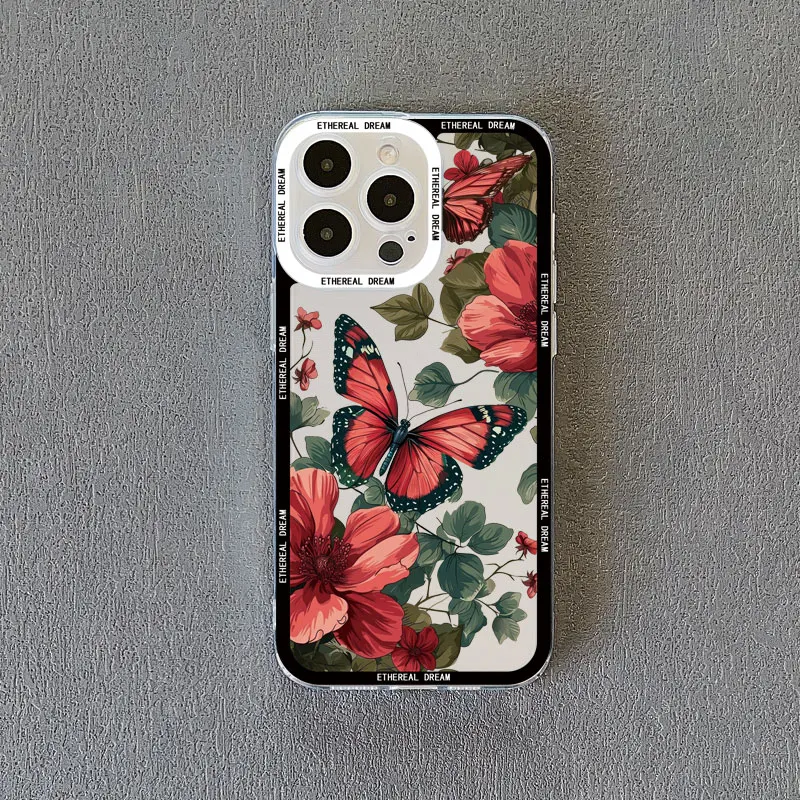 Transparente Handyhülle mit Vintage-Blumenmotiv für iPhone 12 11 13 Pro Max 15 14 Pro Max 7 8 14 15 Plus SE2 X XR XS Schmetterlings-Pflanzen-Rückseite – Detail 2