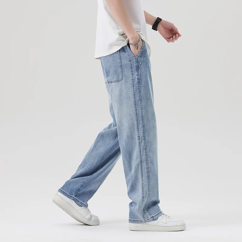 Luxury Summer Thin Soft Lyocell Fabric Jeans Men Elastic Waist Loose Straight Breathe Denim Trousers Male Plus Size M-5XL OUSSYU denim trousers,men trousers,lyocell jeans