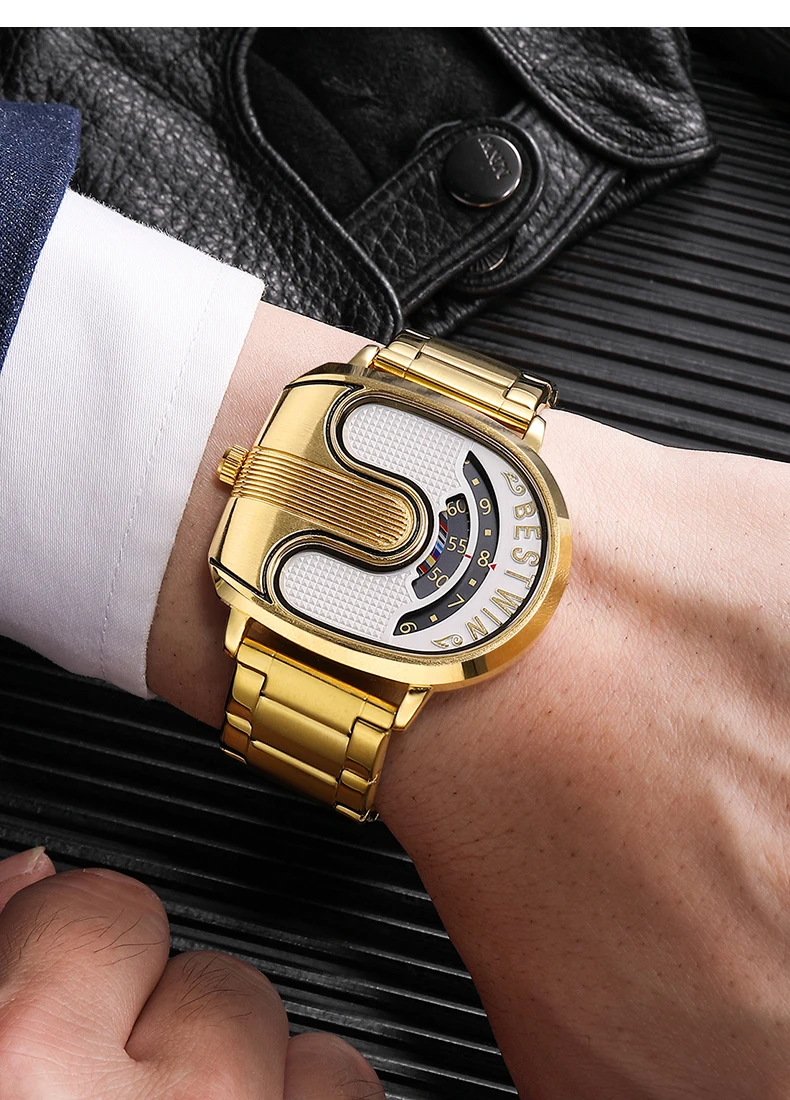 Creative Large Dial Personality Watches for Men BESTWIN Gold U-Shape Fashion Mens Watch Trend Reloj Hombre Lujo Alta Gama 2024
