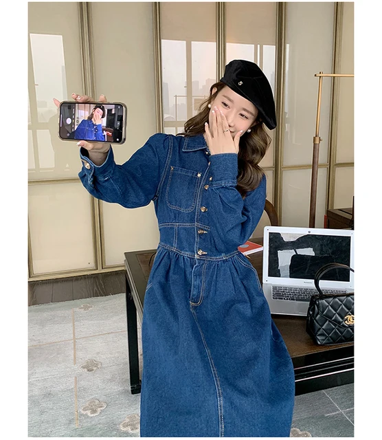 Vintage Denim Dress 2023 Spring Autumn Women Elegant Long Sleeve Lapel Slim  Casual French Style Shirt Maxi Dresses Girl 2821