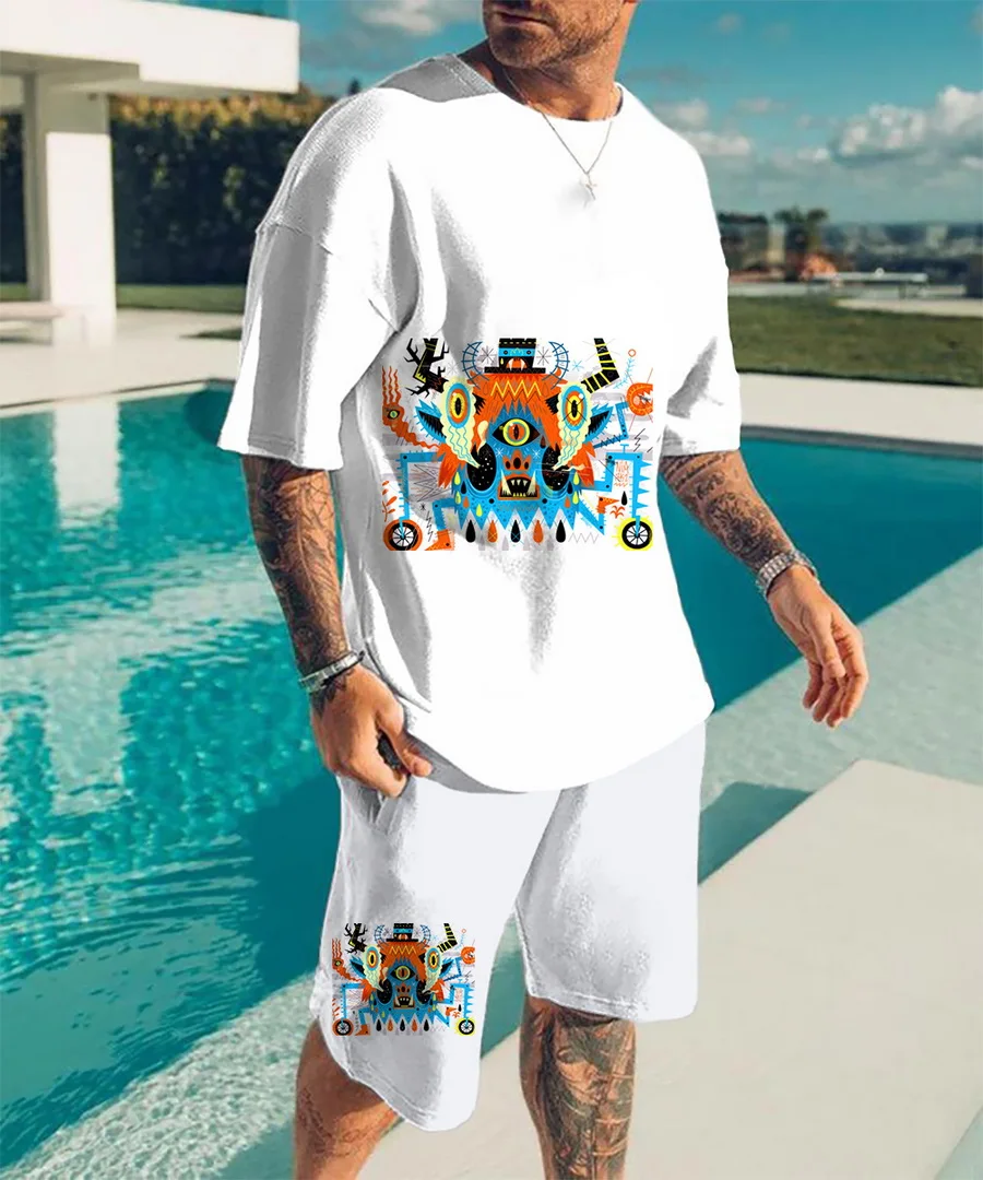 2022 Summer Men's Short Suit Harajuku Trend Beach Men's Anime 3D Printing Round Neck T-Shirt Fashion Sportswear 2 Piece Set