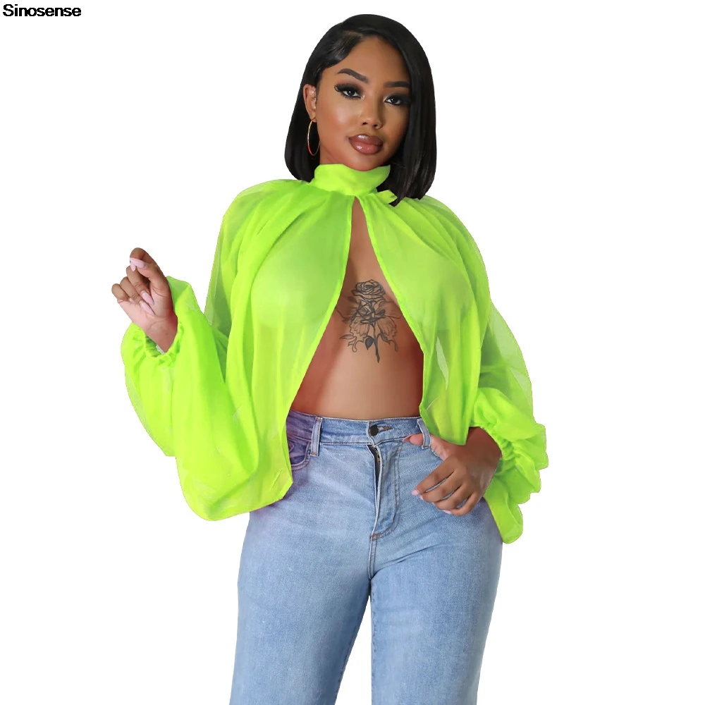 Womens Chiffon Blouse Sexy See Through Lantern Sleeve Front Back