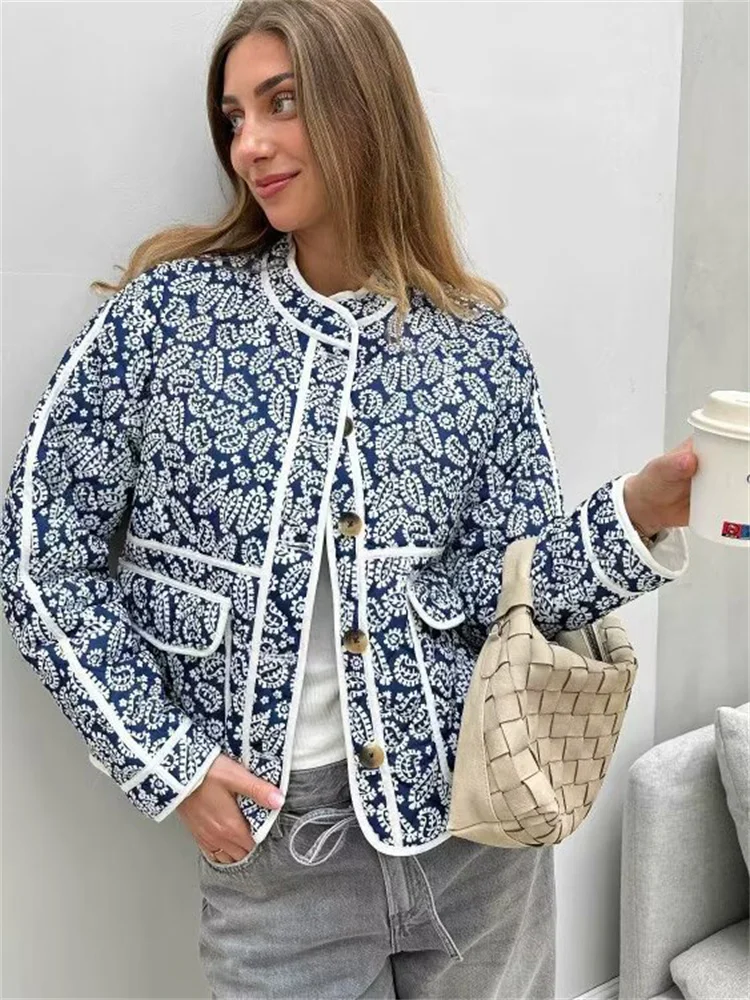Fashion Printed Patchwork Jackets Female Contrast Loose Long Sleeve Autumn Pocket High Street Coat Women's Cardigan