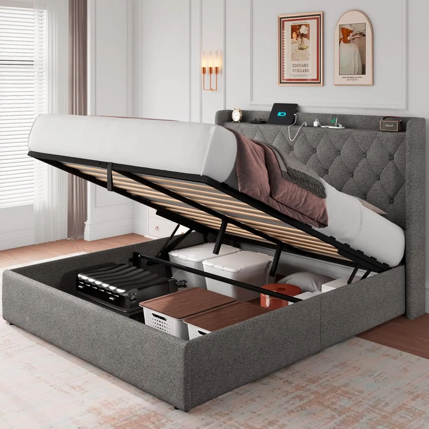 Queen Size Lift Up Storage Bed Frame with Charging Station, Upholstered Platform Bed Frame with Tufted Headboard, Hydraulic