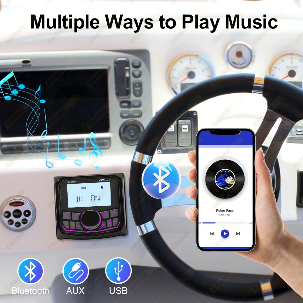 Marine Radio Boat Stereo FM AM Digital Media Audio Player Bluetooth IPX5 Waterproof For Yacht ATV UTV Golf Cart Motorcycle