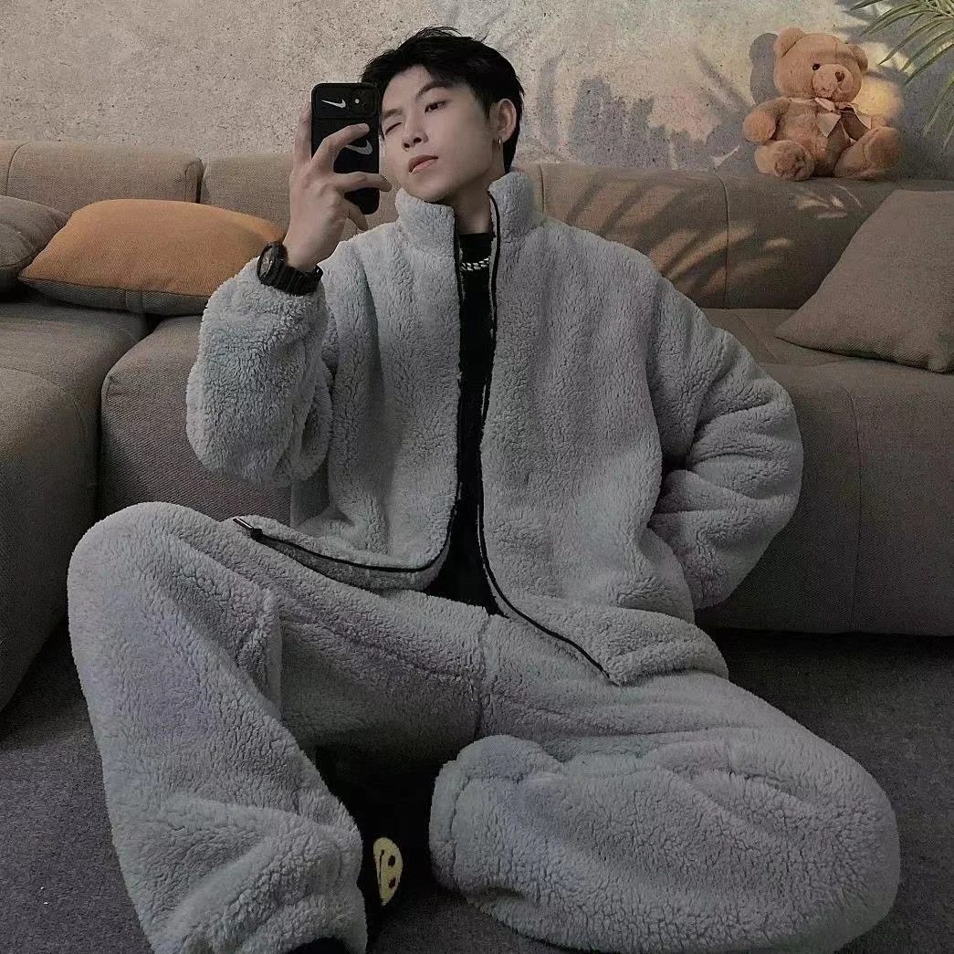 M-4XL Pajama Sets For Men Winter Thick Warm Flannel Pyjamas 2 Pieces /Sets Long Sleeve Sleepwear Homewear Casual