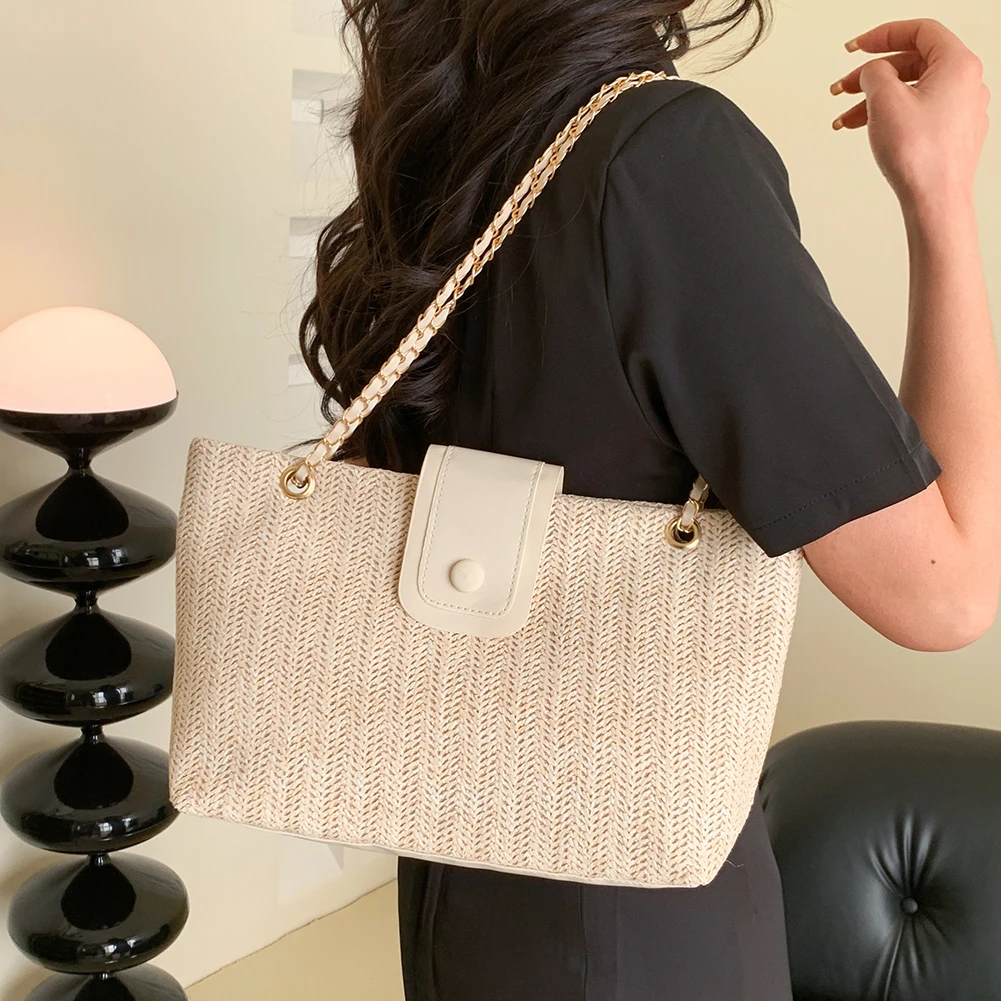 Simple Straw Woven Tote Bag Summer Beach Fashion Handbag Shoulder Bag