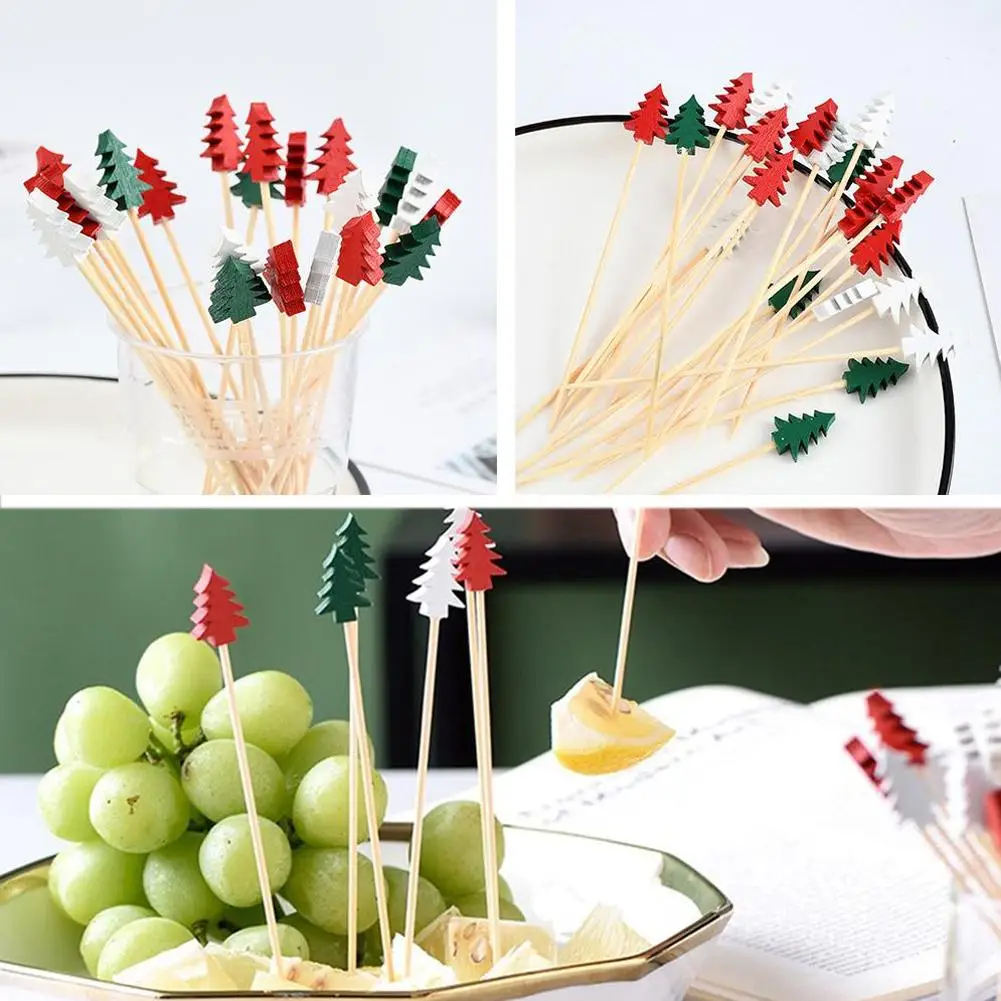 Description Picture 4 of item50pcs Christmas Bamboo Cocktail Picks Santa Claus Snowflake Tree Drink Fruit Dessert Food Toothpicks Christmas Party Decor 2024