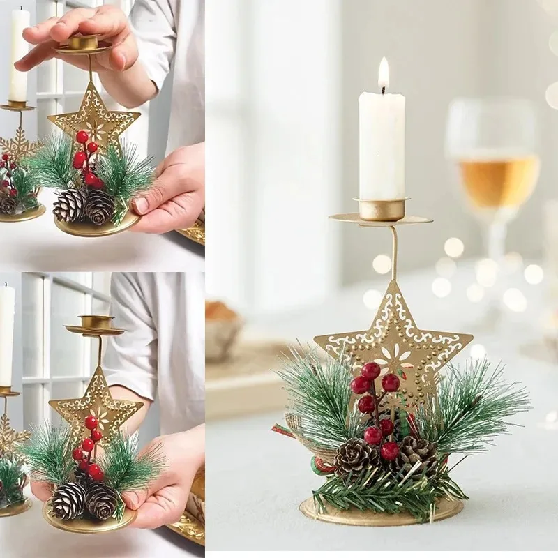 Artificial Snowy Pine Candle Holder with Pinecone and Berry Accents Iron Candlestick for Christmas Table Centerpiece Decor 1 Artificial Snowy Pine Candle Holder with Pinecone and Berry Accents Iron Candlestick for Christmas Table Centerpiece Decor 1