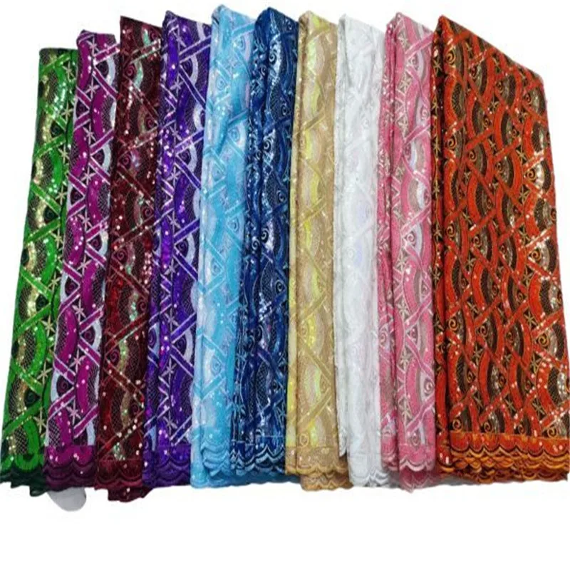 

Pink Latest African Net Lace Fabric 5Yards Green Lace Material Embroidery Tulle French Mesh Lace Fabric With Sequins For Wedding