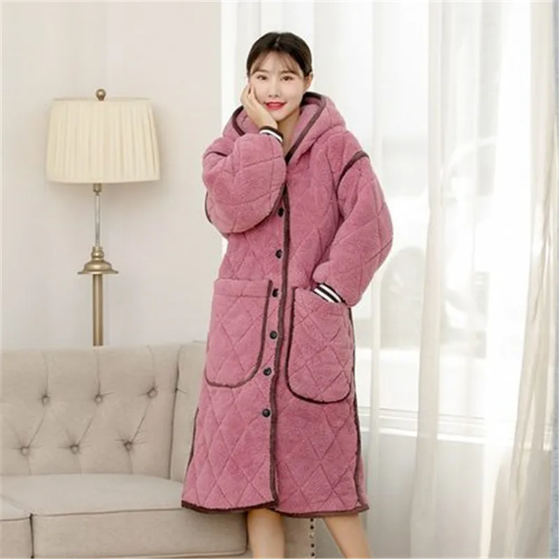 Winter three-layer thicken quilted coral fleece pajamas women winter bathrobes hooded long pajamas can be worn outside A1092