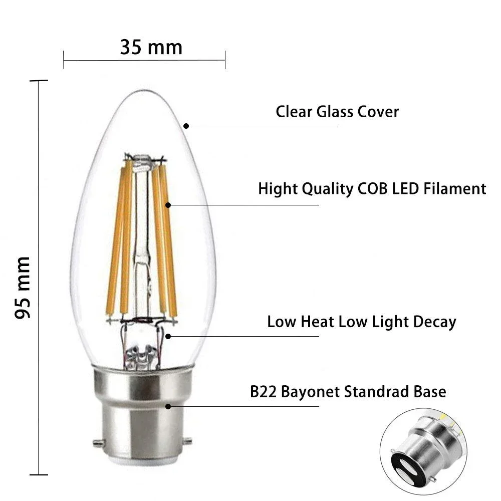 LED 캔들 필라멘트 전구, 밝기 조절 불가 총검 빈티지 에디슨, 따뜻한 흰색, 2700K 차가운 6500K, 40W 백열등, B22, 4W C35