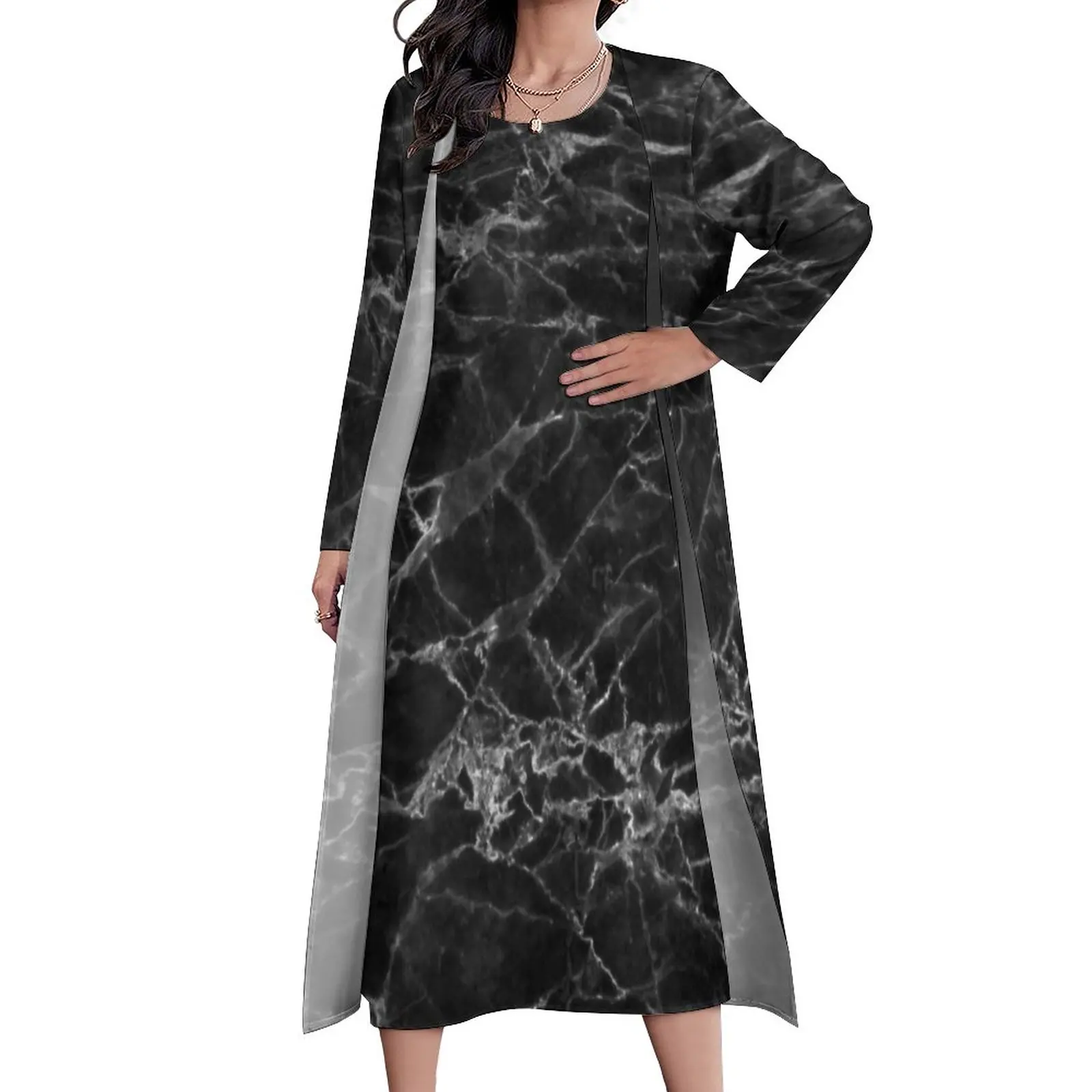 

Black Marble Design Dress Natural Marbles Trendy Vintage Maxi Dress Street Wear Casual Long Dresses Spring Long Sleeve Clothing