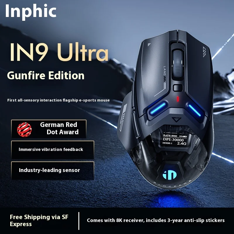 INPHIC IN9 울트라 세 가지 모드 무선 게이밍 마우스 PAW3950 OLED 화면 긴 배터리 수명 오른손 인체공학적 나노 8K 800mAh 선물용 PC