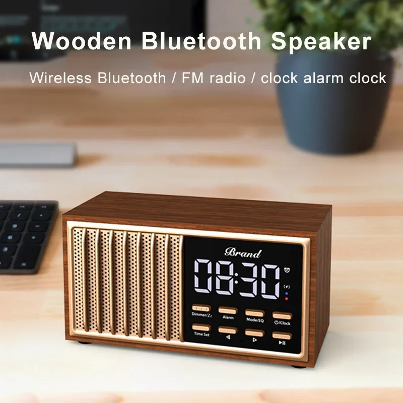 Wooden Retro Wireless Bluetooth Speaker FM Radio Support Handsfree Call Music Player Alarm Clock TF Card U Disk Portable Audio