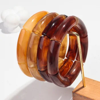 Fashion Acrylic 4PCS/Set Resin Amber Bamboo Bead Elastic Bracelet Bangles Tube Beads Handmake 2024 Trendy Designer Bracelet Set 1
