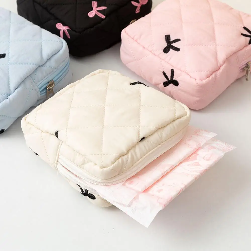 Bow Sanitary Napkin Organizer Bag Cute Makeup Bag Small Quilted Cosmetic Cotton Women's Keychain Earphone Coin Purse
