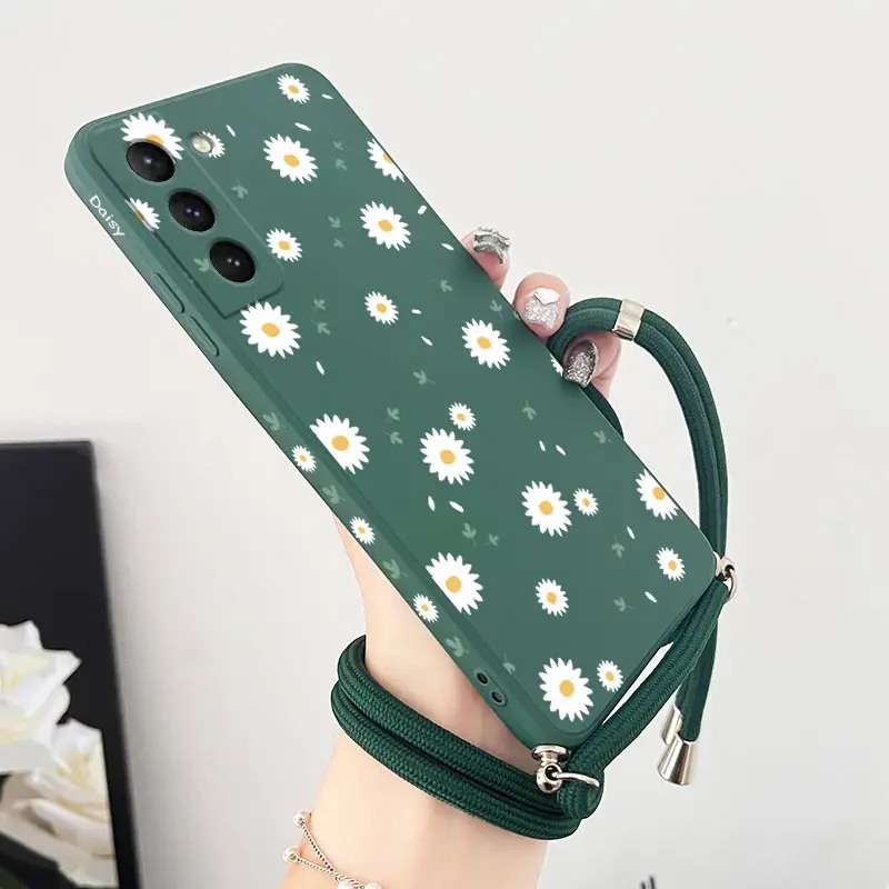Deciduous Daisies Crossbody Lanyard Silicone Phone Case For Samsung Galaxy S23 S22 S21 S10 S8 Plus Note 20 ultra 10 Plus Cover — view 3