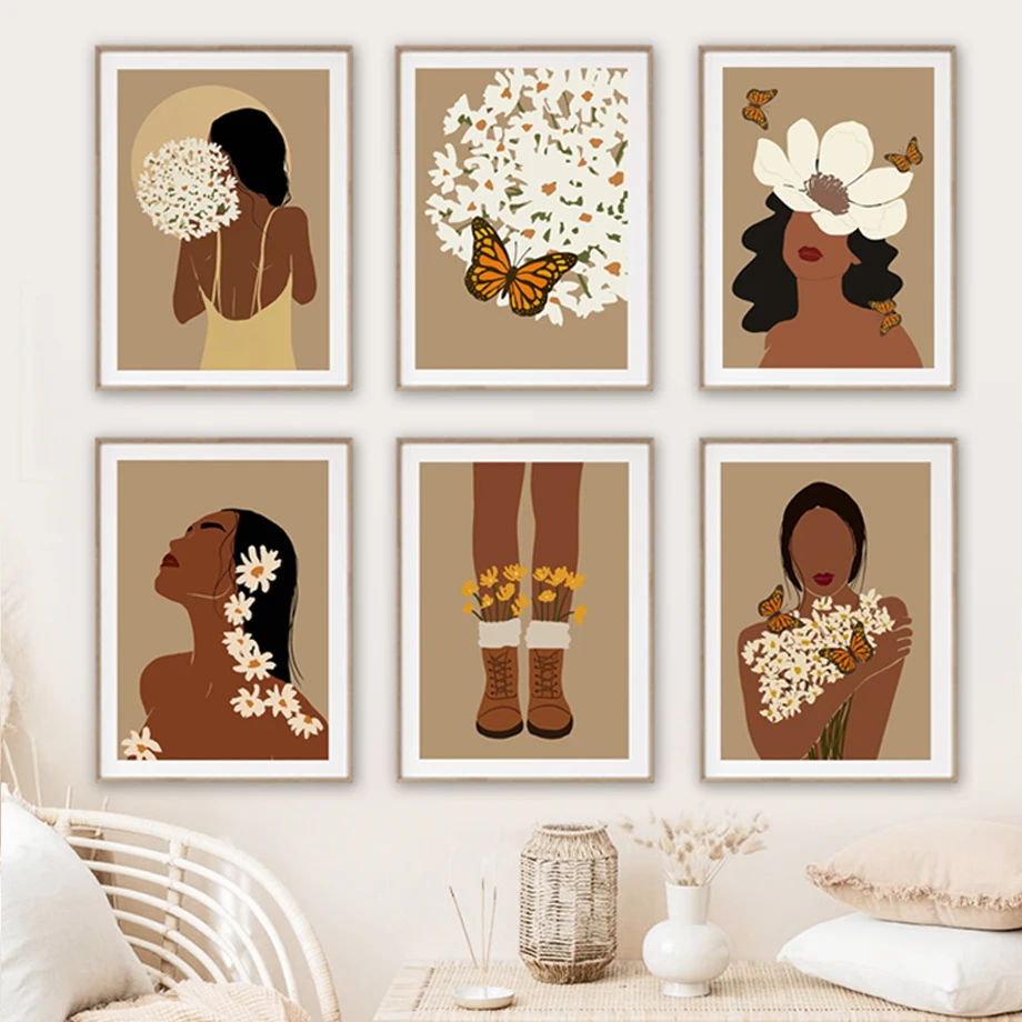 

Fashion Black Girl Flower Dress Abstract Scandinavian Boho Wall Art Canvas Painting Posters And Print For Living Room Home Decor