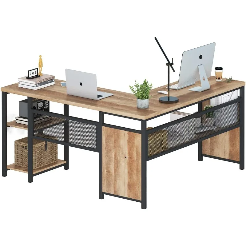 L Shaped Computer Desk, Industrial Office Desk with Shelves, Reversible Wood and Metal Corner Desk for Home Office