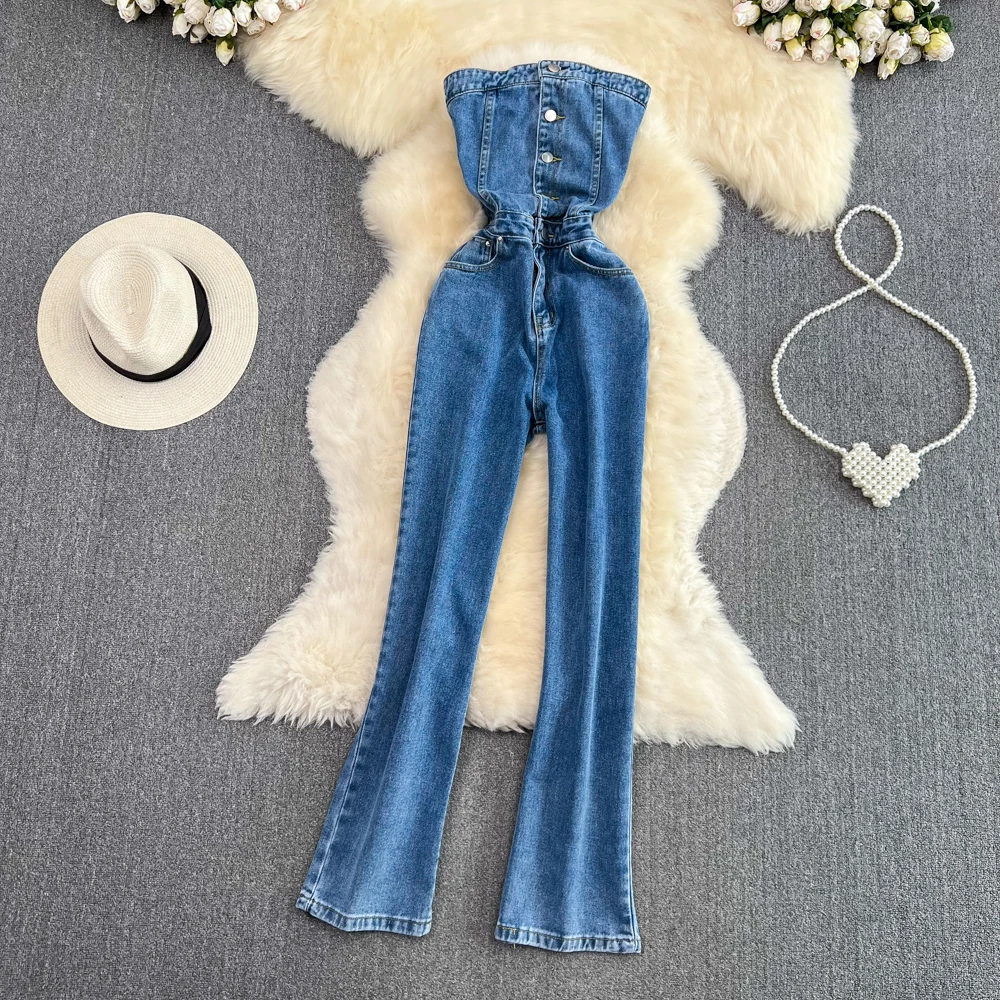 

Strapless Open Back Bra Denim Jumpsuit Casual High Waisted Straight Tube Pants Jumpsuit