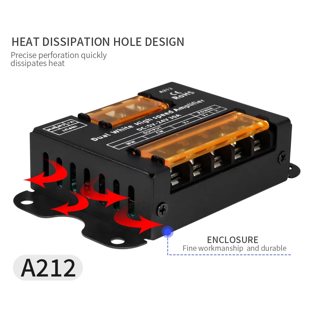 LED 신호 증폭기 CCT 조광기, 듀얼 화이트, 고속 증폭기 컨트롤러, CCT LED 스트립용, DC5V, 12V, 24V, 30A, 2CH