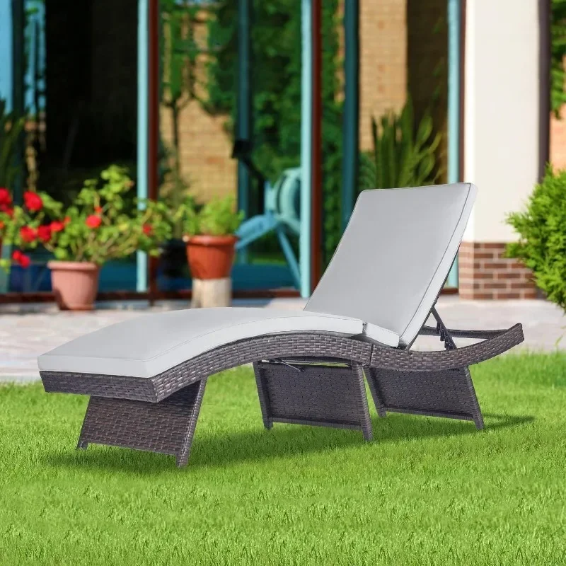 Lounge Chair Set of 2 Outdoor Rattan Sunbathing for Outside Reclining Chair with Cushion Blue S Type Adjustable Backrest Wheels