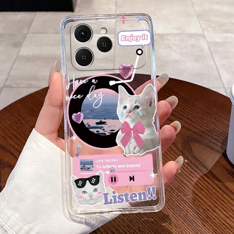 Aesthetic Luxury Cute Cat Astronaut Transparent Phone Case Cover