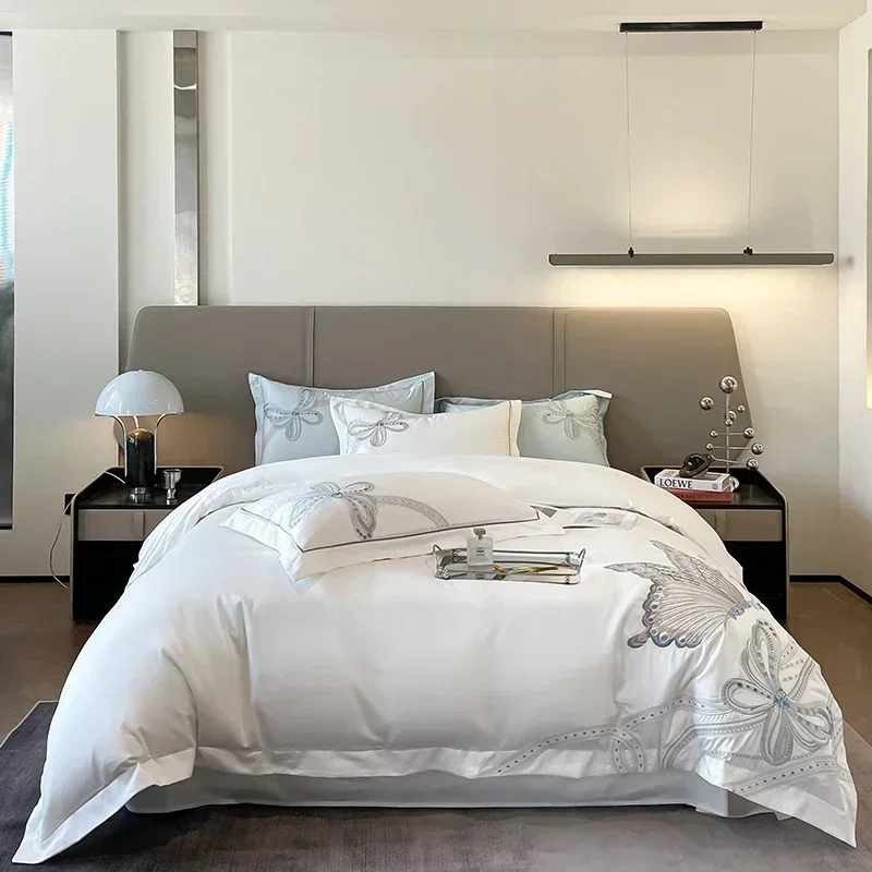 

100% Egyptian Cotton Luxury Butterfly Embroidery Wedding Bedding Set 100% Cotton Duvet Cover Flat/Fitted Bed Sheet Pillowcases