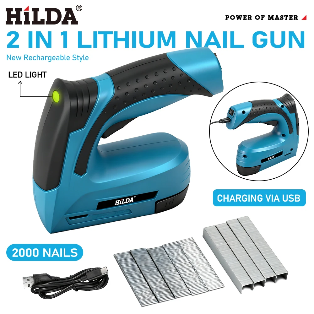 HILDA 2 in 1 에어 네일건 전동 네일건 휴대용 가구용 공압 네일건 DIY 도구 (스테이플 2000개 포함) LED 라이트