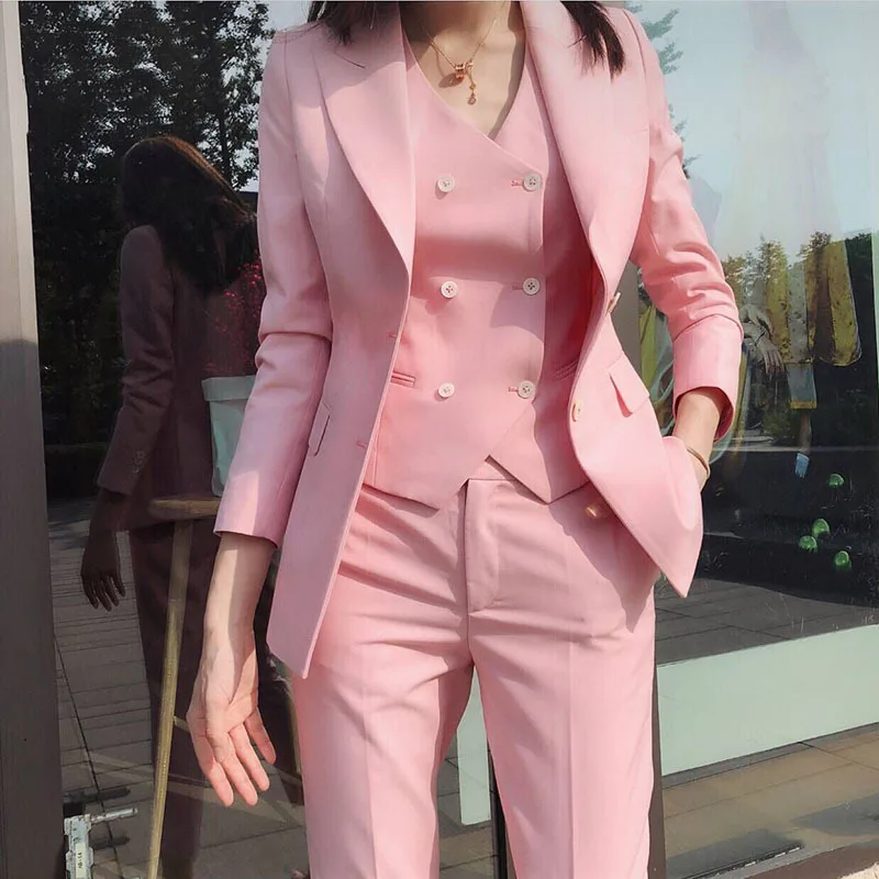 

Women's Formal Slim Fit 3 Pieces Suit Female Suits Pink Women Custom Made Office Work Wear Suits Fashion Stylish Terno Feminino