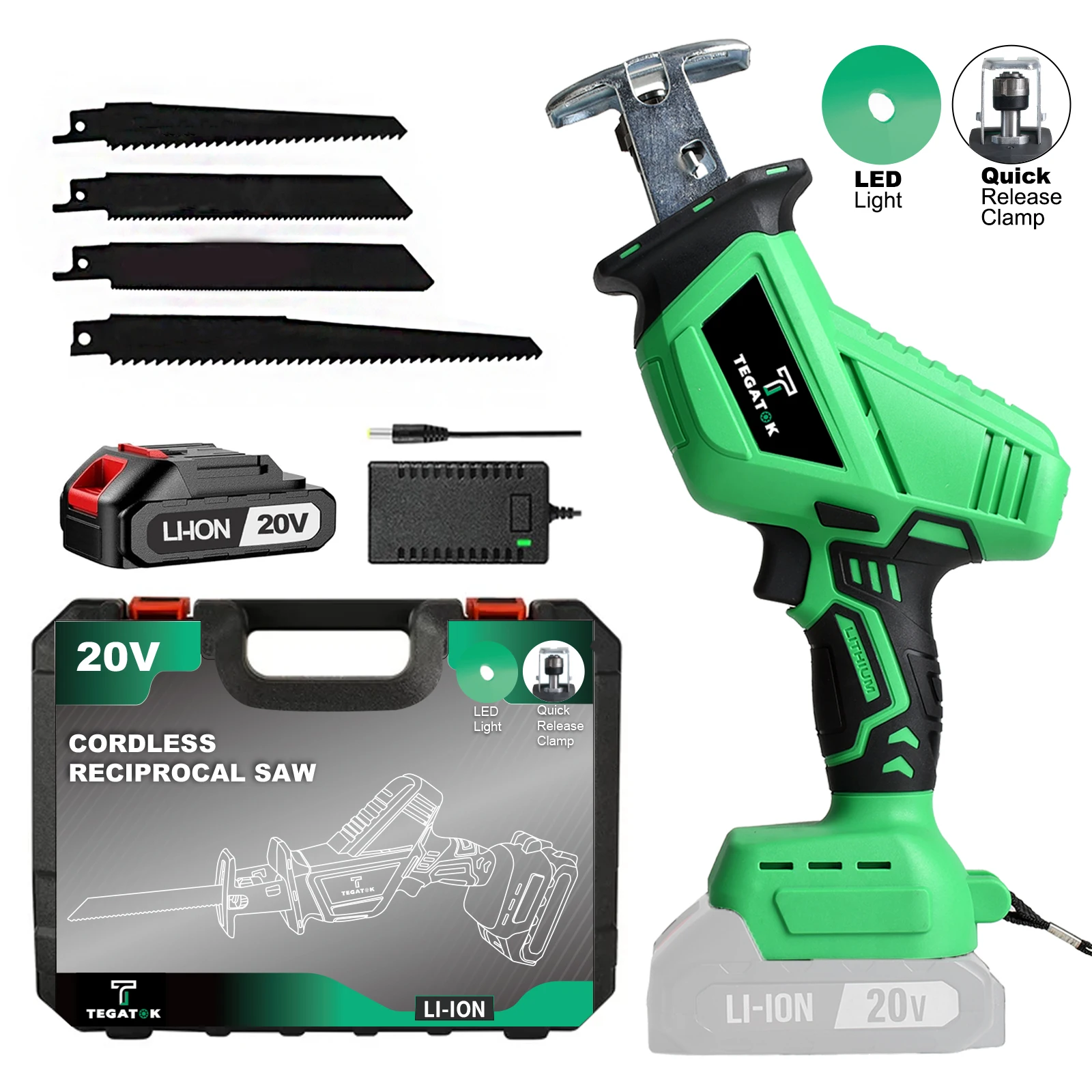 Tegatok 20V Cordless Reciprocating Saw Variable Speed 3000 RPM Tool-Free Blade Changes For Wood Metal And PVC Cutting