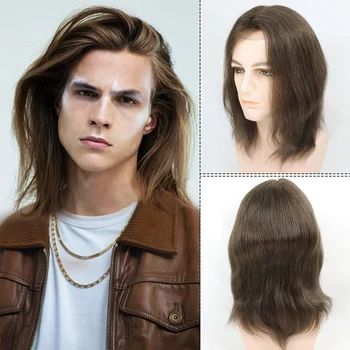 BIO/Pelle intera PU Capelli umani Uomini Parrucchino Biondo Colorato 13 "Lunghi parrucche diritte dei capelli umani per gli uomini Sistemi di sostituzione Pezzo di capelli