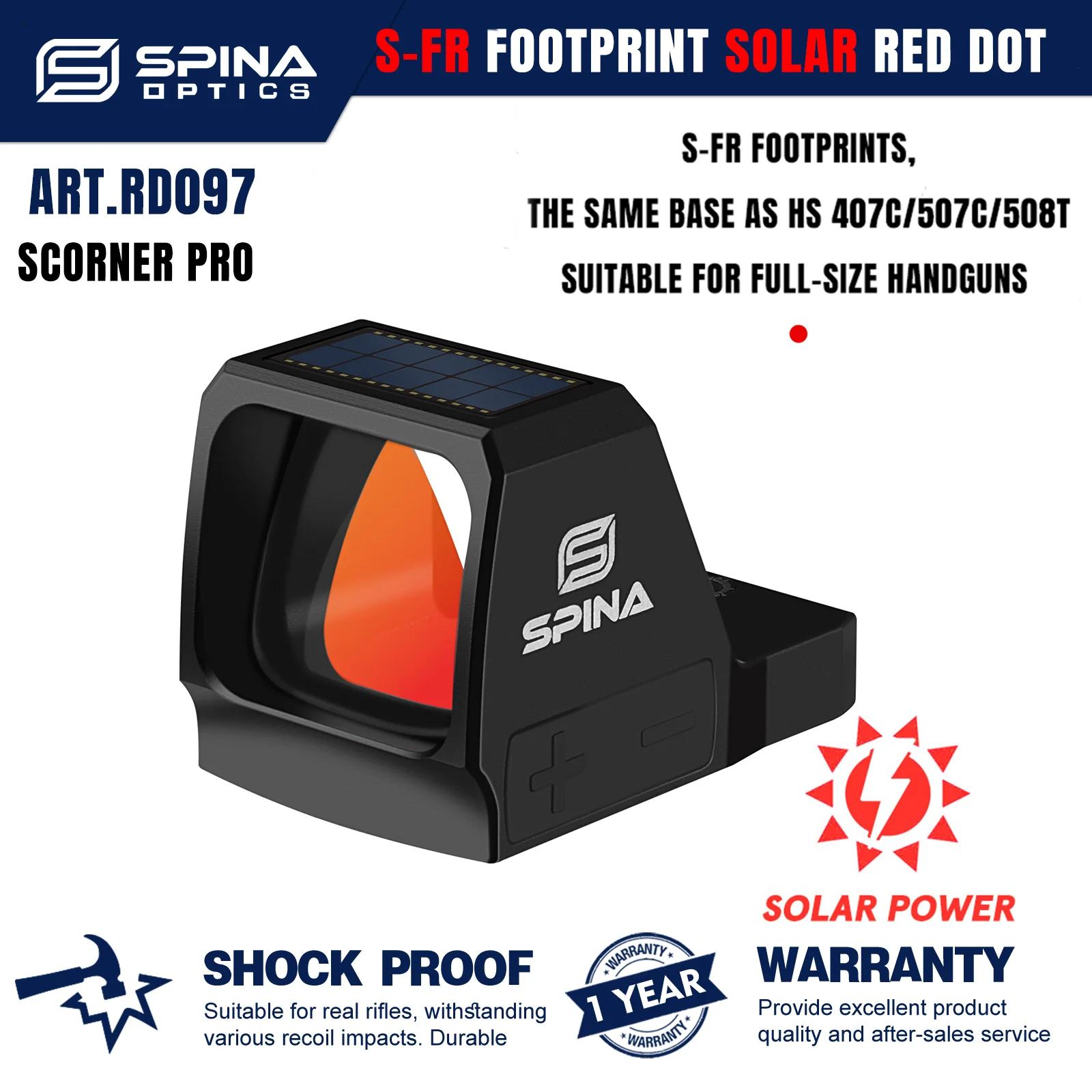 SPINA OPTICS Scorner Solar Energy Ultra Large Field of Wiew S-FR Red Dot Sight HS 407C/507C/508T Glock 17/19 Pistol 9mm/10mm