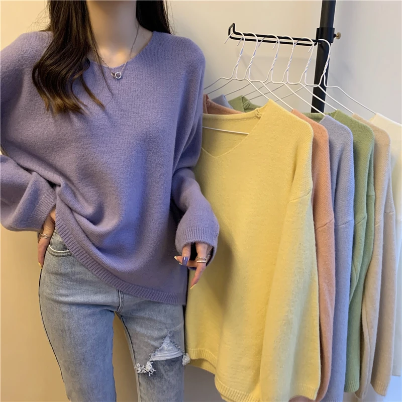 V-neck Pullovers Women Solid Candy Colors Sweet Harajuku High Street Loose-fit Long Sleeve Sweaters Ulzzang Knitted Pullover Ins striped sweater