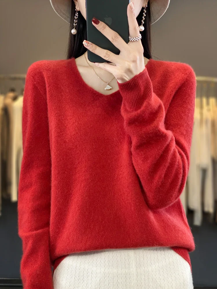 

2023 Spring And Autumn New Model With 100% Pure Woolen Sweater V-Neck Thin Sweater Women Loose Temperament Knitted Bottom Shirt